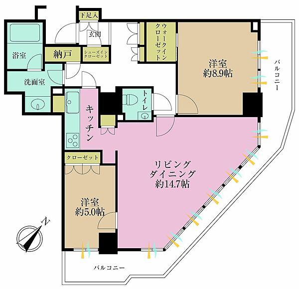 2LDK、専有面積79.01?、バルコニー面積18.79?