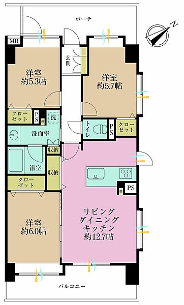 3LDK、専有面積69.88?、バルコニー面積11.7?