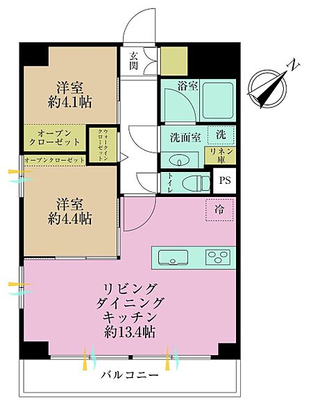 2LDK、専有面積48.6?、バルコニー面積7.56?