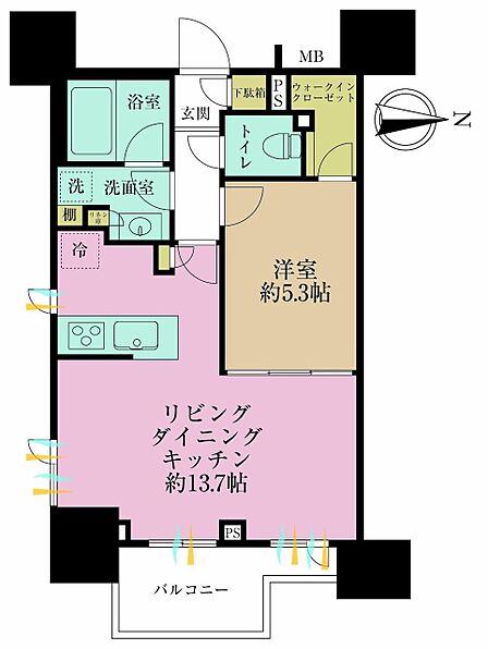 1LDK、専有面積45.78?、バルコニー面積4.2?