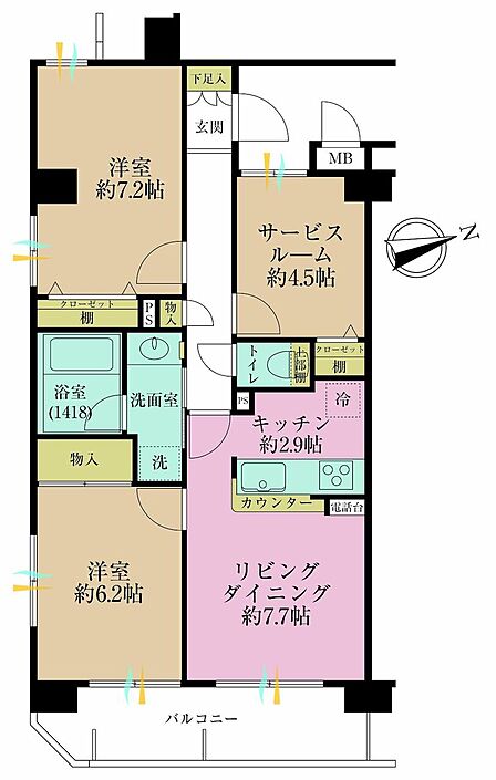 2LDK+S、専有面積64.23?、バルコニー面積8.29?