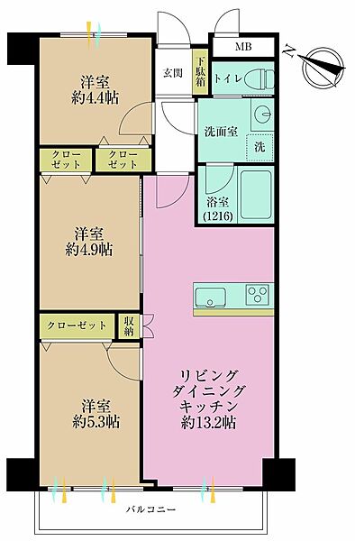 3LDK、専有面積61.21?、バルコニー面積5.3?