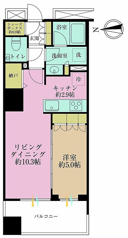 1LDK、専有面積44.77?、バルコニー面積8.1?