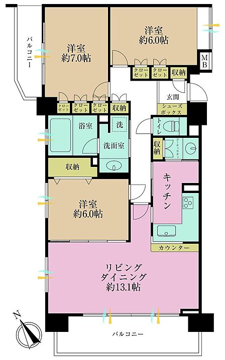 3LDK、価専有面積85.97?、バルコニー面積14.58?