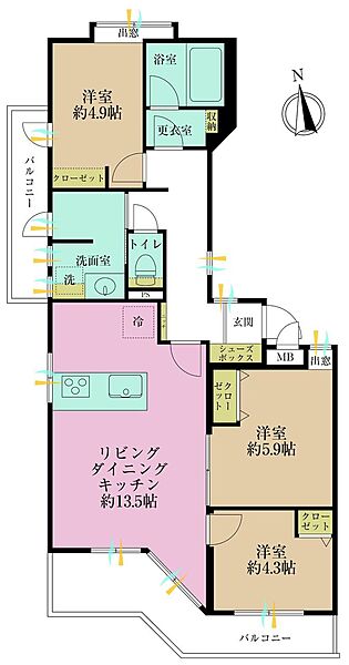 3LDK、専有面積69.49?、バルコニー面積11.12?
