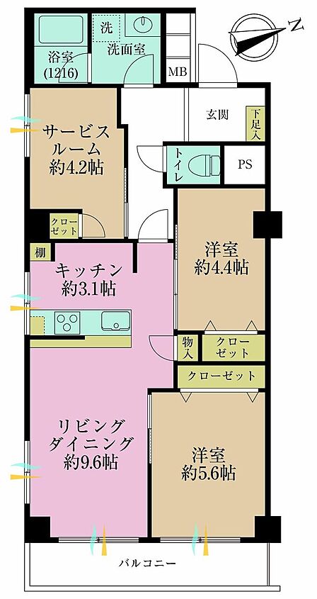 2LDK+S、専有面積62.59?、バルコニー面積6.6?