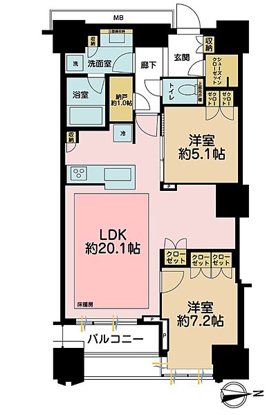 2LDK、専有面積75.75?、バルコニー面積4.19?