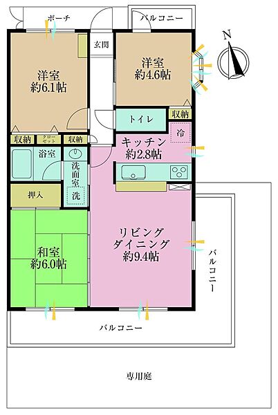 3LDK、専有面積62.15?、バルコニー面積16.13?