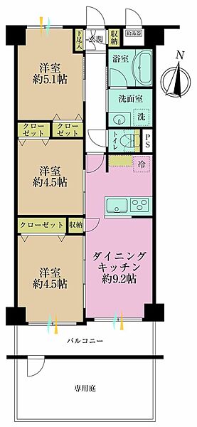3DK、専有面積53.19?、バルコニー面積5.67?