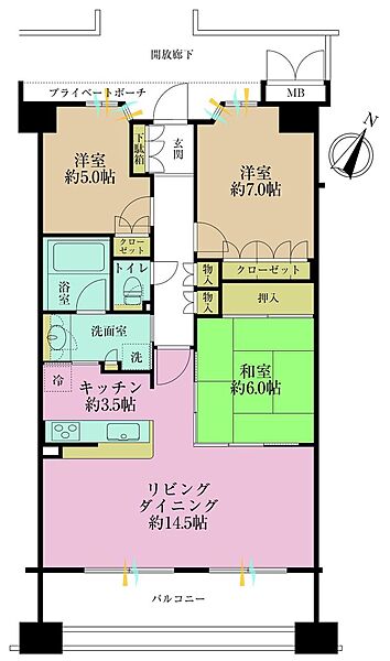 3LDK、専有面積78.35?、バルコニー面積13?