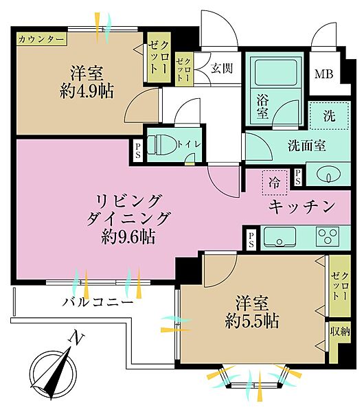2LDK、専有面積52.31?、バルコニー面積4.76?