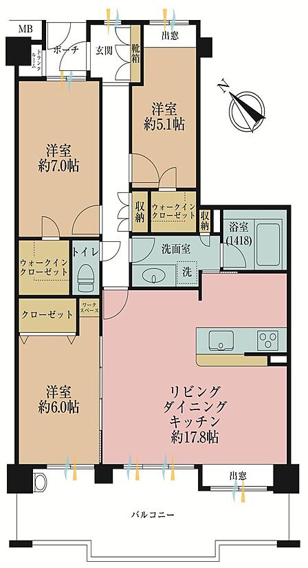 3LDK、専有面積85.44?、バルコニー面積19?