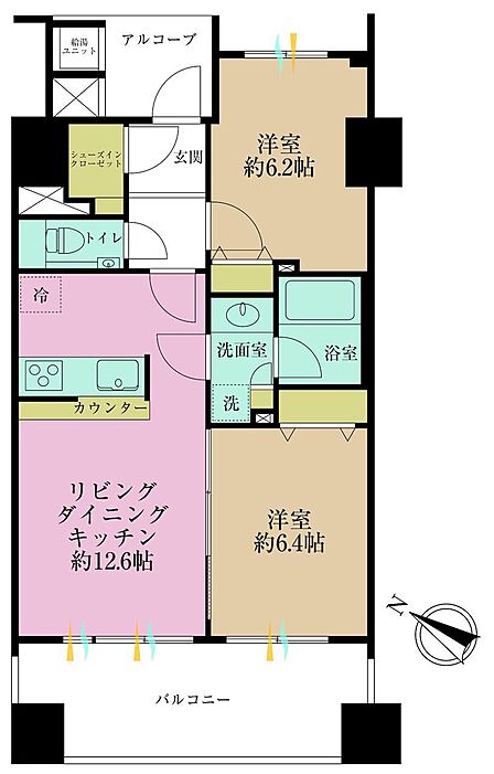2LDK、専有面積57.53?、バルコニー面積12.4?