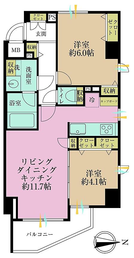 2LDK、専有面積51.8?、バルコニー面積4.66?