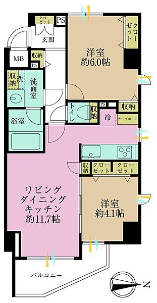 2LDK、専有面積51.8?、バルコニー面積4.66?