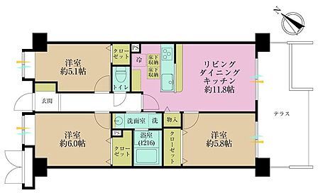 3LDK、専有面積64.2?
