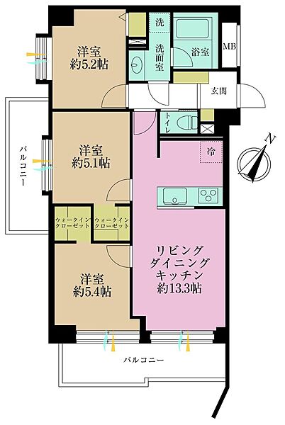 3LDK、専有面積64.9?、バルコニー面積13.36?