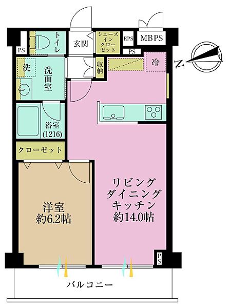 1LDK、専有面積45.65?、バルコニー面積6.65?