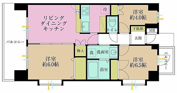 3LDK、専有面積57.75?、バルコニー面積11.95?