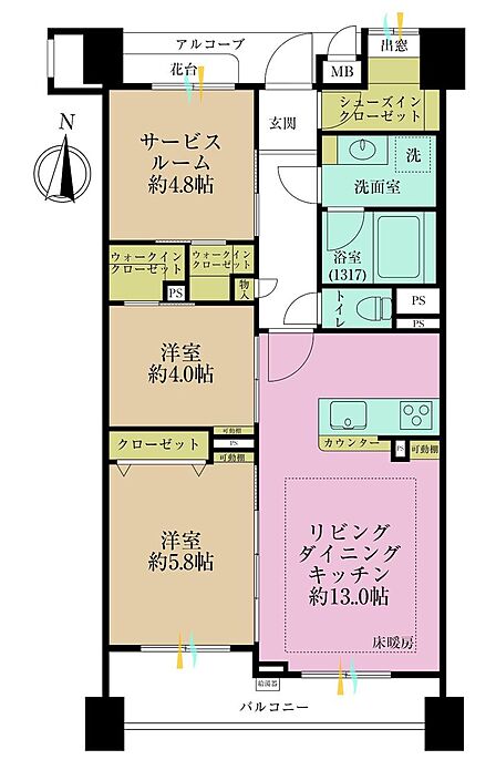2LDK+S、専有面積65.36?、バルコニー面積9.28?