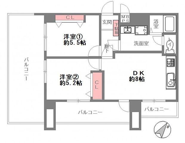 ドムール板宿(2DK) 7階の間取り