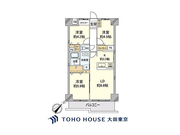 3LDK、専有面積62.47m2、バルコニー面積8.08m2