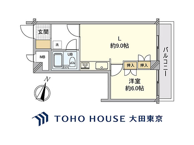 1LDK、専有面積33.41m2、バルコニー面積6.42m2