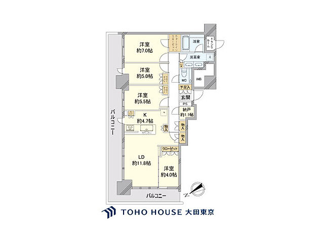 4LDK+S（納戸）、専有面積91.98m2、バルコニー面積31.5m2