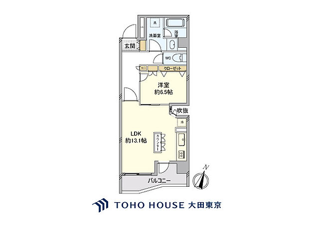 1LDK、専有面積51.16m2、バルコニー面積6.45m2