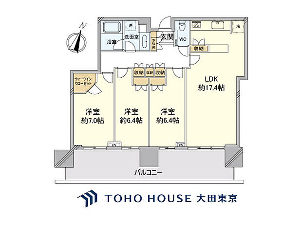 3LDK、専有面積84.17m2、バルコニー面積22m2