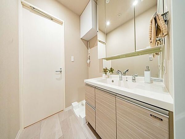 洗濯機置き場の上部には、収納棚があります。物が溢れるサニタリーには重宝する収納です。