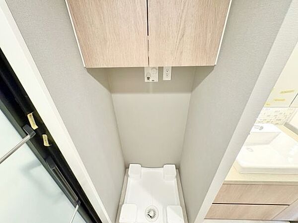 洗濯機置き場の上部には、収納があります。物が溢れるサニタリーには重宝する収納です。