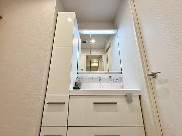 三面鏡の付いた洗面化粧台は、鏡面裏側にも機能的な収納を配置。スキンケア用品などが収納できます。