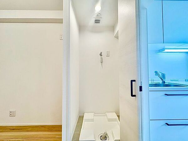 生活感が出ないよう、洗濯機を扉の中へ収納し、普段は見えないようにしました。