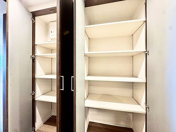 リビングへと続く廊下には収納をご用意。日用品や雨具・アウトドア用品の収納など便利にお使いいただけます。