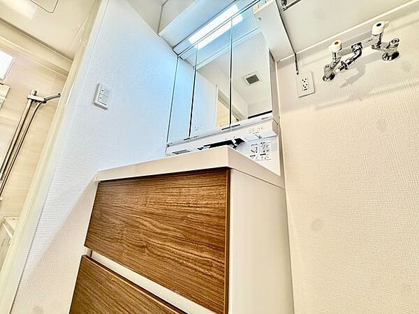 三面鏡の付いた洗面化粧台は、鏡面裏側にも機能的な収納を配置。スキンケア用品などが収納できます。