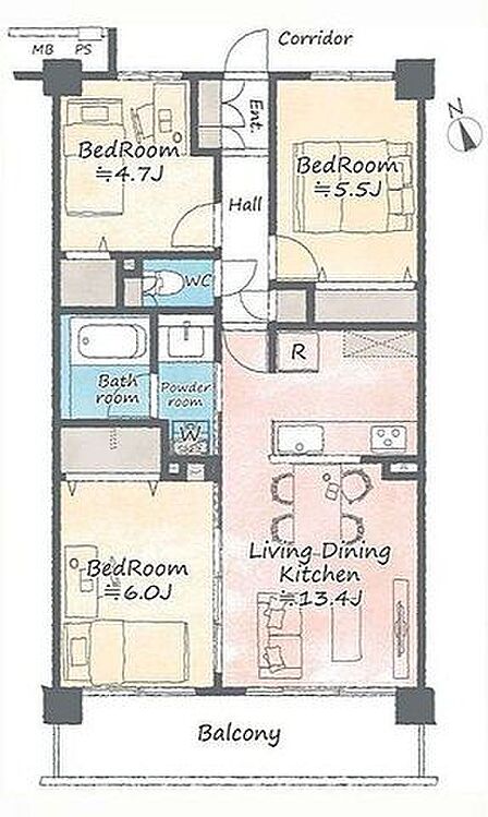 会話をしながらお料理が楽しめる人気の対面式キッチン。各所に収納を設けており荷物が多い方も安心です。