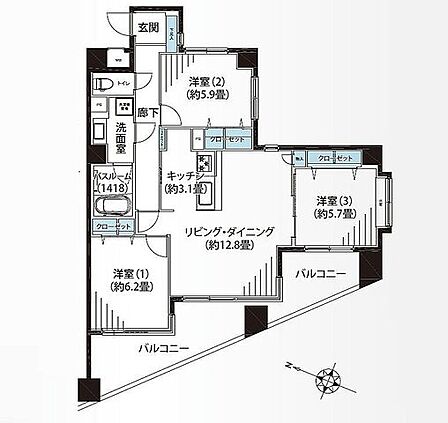 角部屋につき明るく風通しの良い室内。各所に収納を設けており荷物が多い方も安心です。
