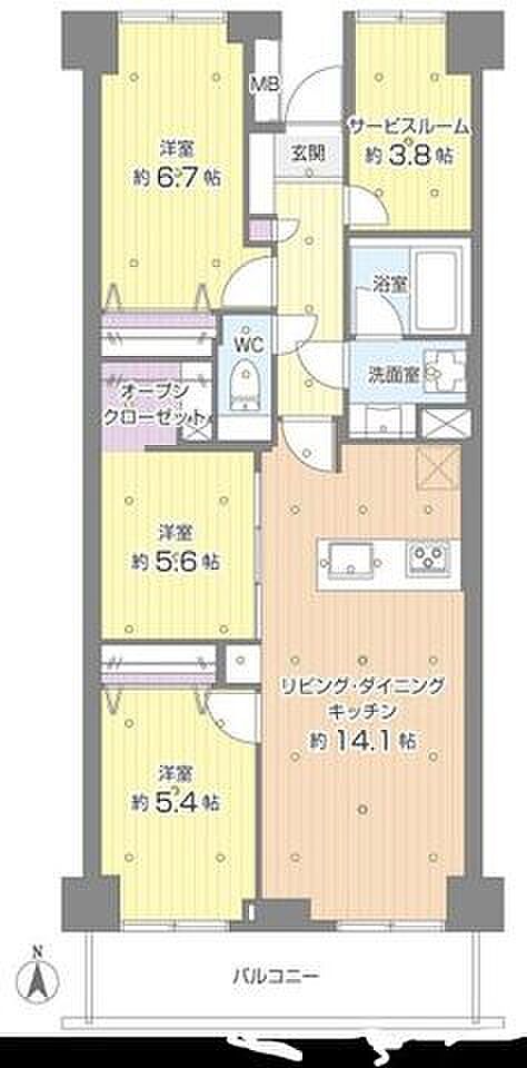 陽当たりの良い南向き。5.6帖洋室には広々収納力豊富なオープンクローゼットがございます。