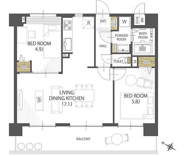 広々リビングと2つの個室。プライベートな空間と家族団らんの空間をセパレート。集中もリラックスもできる住空間で充実した暮らしをお届けします。