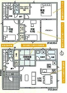 間取り：1階和室は、リビングと繋げて広々とした空間する事も◎2階洋室は6.0帖超え＋2面採光＋収納付きです。