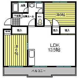 西鉄貝塚線 唐の原駅 徒歩6分の賃貸マンション 1階2LDKの間取り