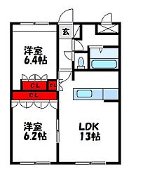 ピュアハート 2LDKの間取図画像