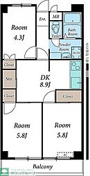 ヤマサイビル 4階3DKの間取り