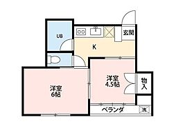 プリュニエ鎌ケ谷 1階2DKの間取り