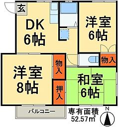 西ヶ原バーディー・ハイツB 3DKの間取図画像