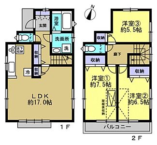 間取り：LDK17帖、全室洋室の3LDK+小屋裏収納。
