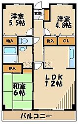 西武新宿線 新狭山駅 徒歩8分の賃貸マンション 3階2SLDKの間取り