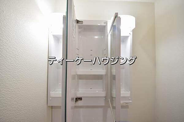 三面鏡の裏には収納がたっぷり。洗面室をすっきりきれいに使えます。
