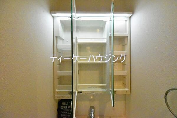 三面鏡の裏には収納がたっぷり。洗面室をすっきりきれいに使えます。